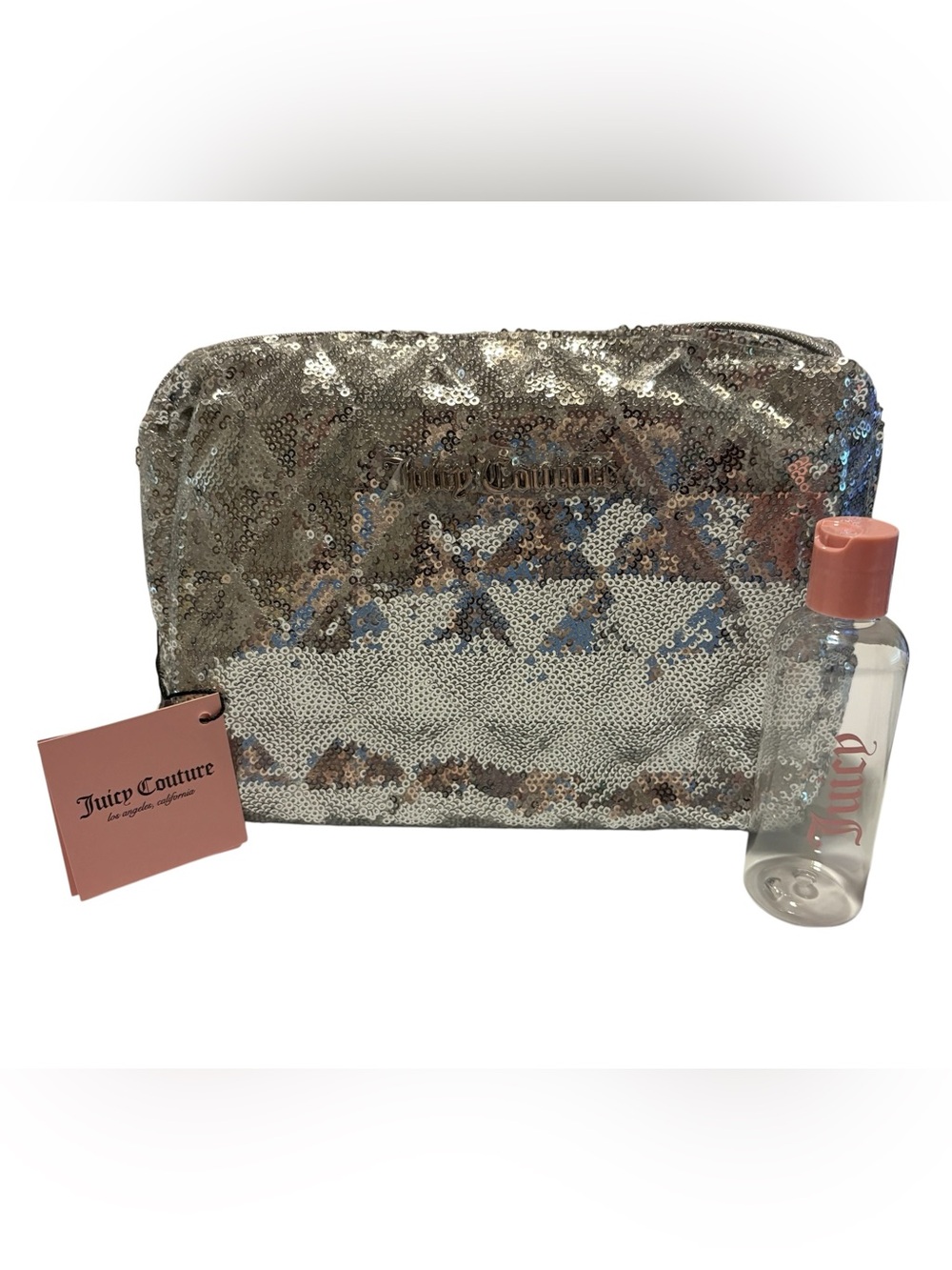 Juicy Couture Silver Sequin Makeup Pouch with Pink Accent